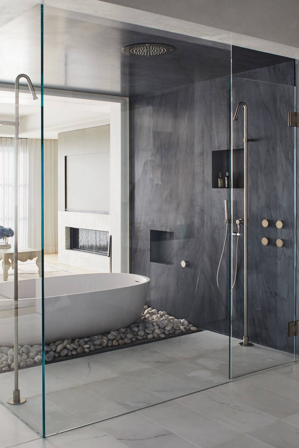 Large Grey Wall Baige Floor Tile Hinged Shower Door Freestanding Bath Tub