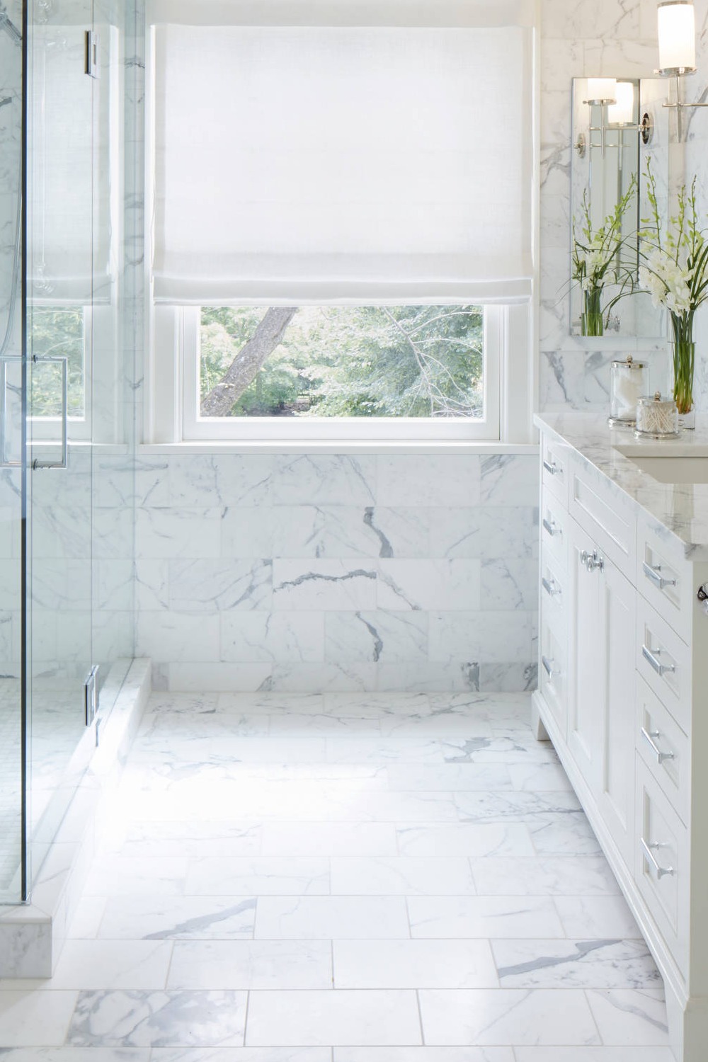 Marble Floor Tile White Cabinetry Frameless Glass Shower Doors
