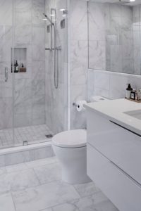 White Bathroom Design Ideas Floating Vanity Quartz Top Hinged Shower Door Toilet Large Format Floor Tiles