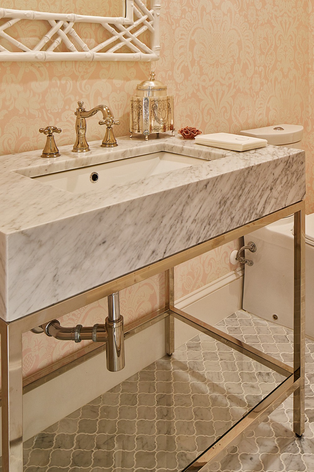 Bathroom Vanities Base Material Miter Edge Carrara Marble Countertop Powder Room Style Console