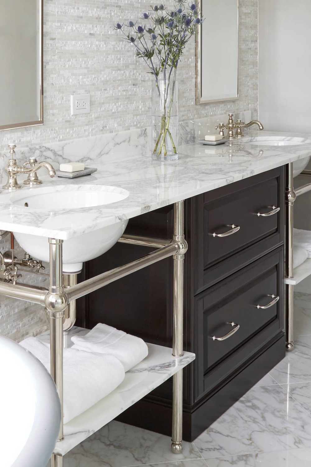 Calacatta Gold Marble Floor Tiles Dark Wood Cabinets Countertops Bathroom Vanities Split Faced And Stacked Statuary Tile