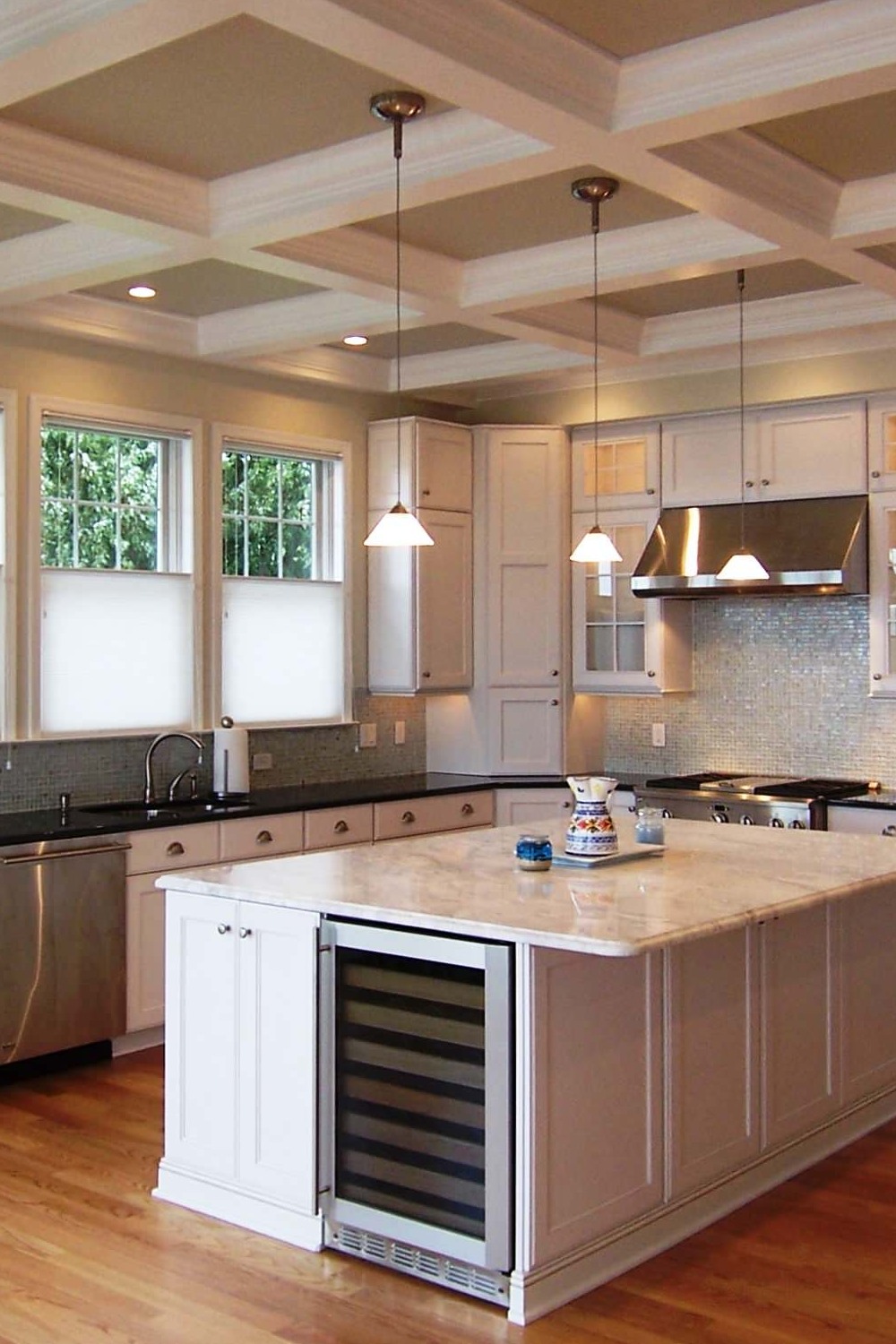 Coffered Design Mosaic Tiles Marble Countertops Pendant Lights Hardwood Floors Features Walls Room