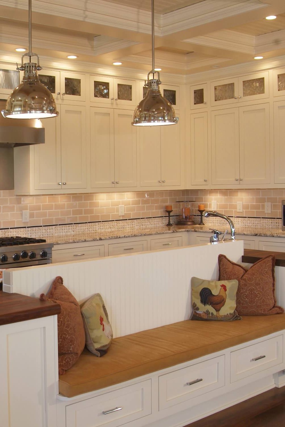 Stunning Coffered Ceiling Dark Wood Flooring Living Room Kitchen Island Design Ideas