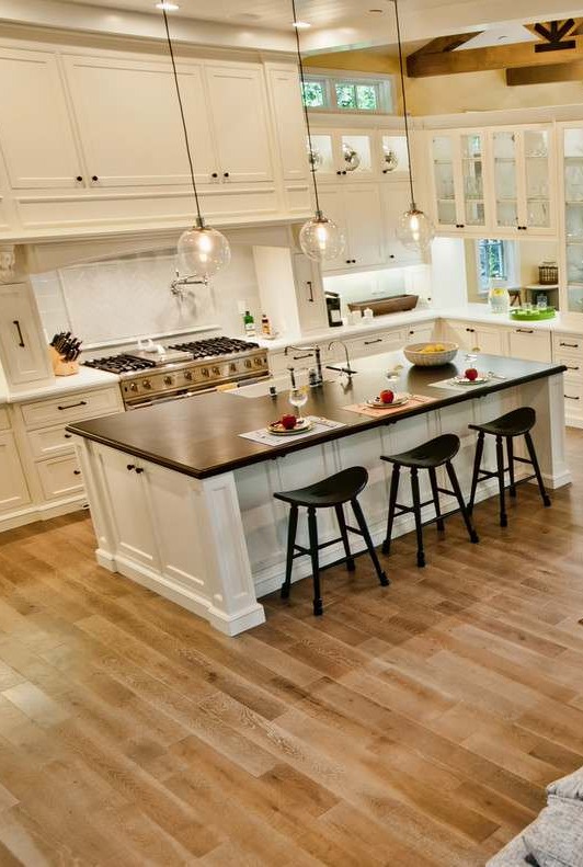 Two Different Colored White Cabinet Natural Hardwood Floor Base Cabinets Kitchen Furniture Space Painted Blue Style