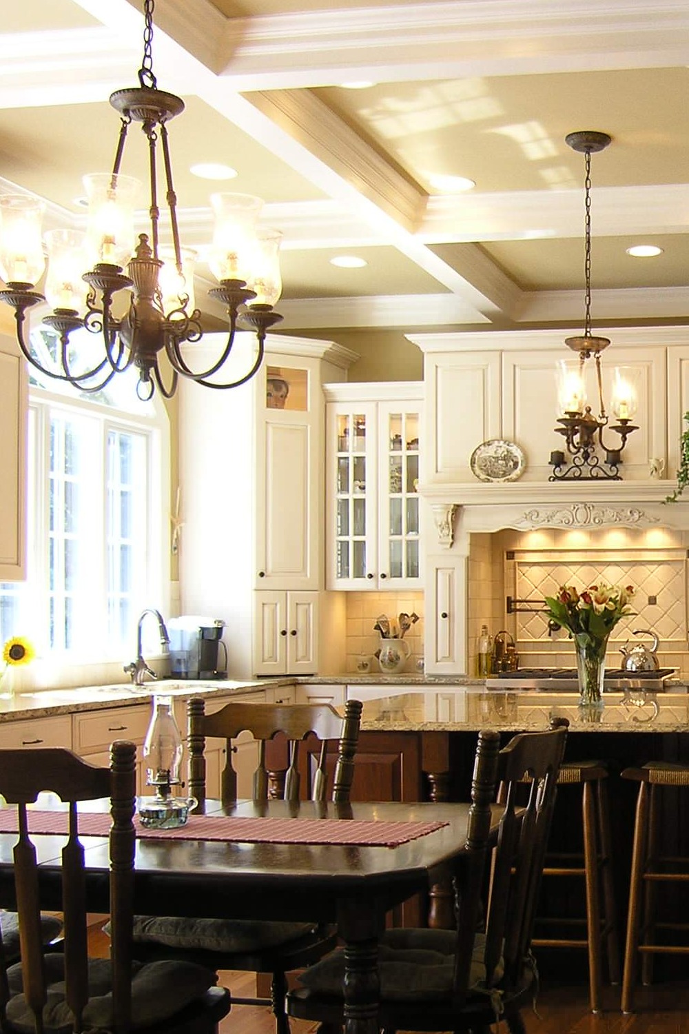 White Coffered Ceilings Dining Room Marble Countertop Interior Design Beach House Bar Style High End Walls