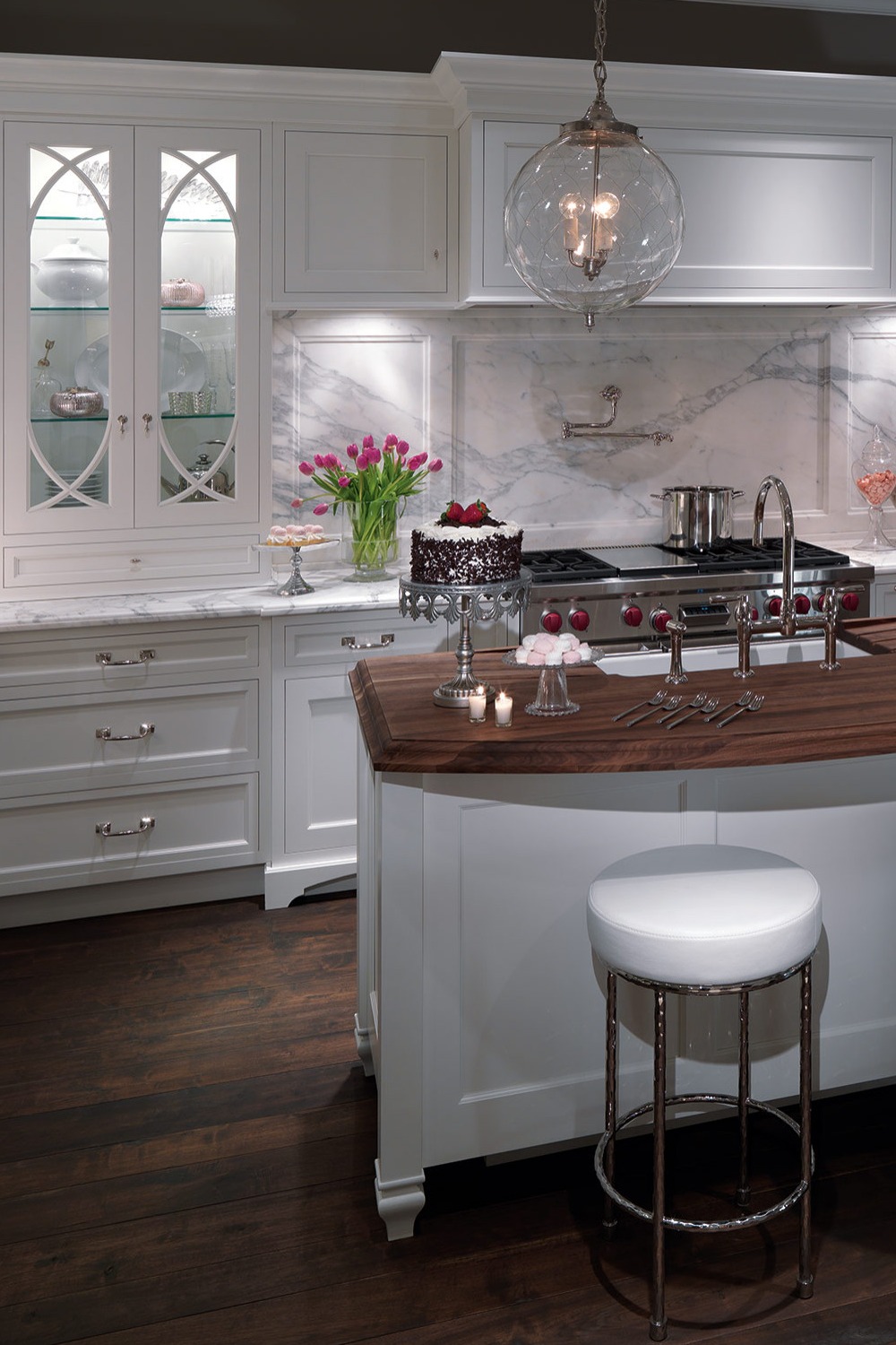 Contemporary Custom White Cabinetry Marble Countertop Hardwood Floor Farmhouse Sink