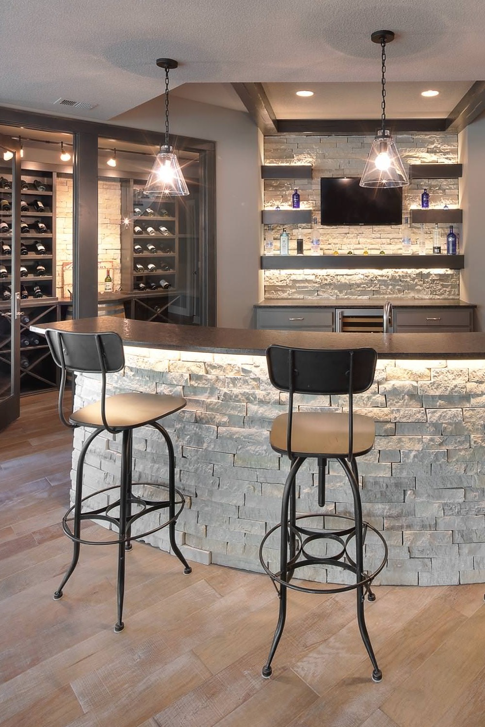 Basement Bar Wet Bar Wall Space Wood Cabinets Lighting Style Custom Stone Modern Room Countertops Stools Inspiration Sink Classic Traditional Shelving