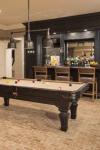 Basement Wet Bar Ideas Countertops Pool Table Brick Floor Pendant Lightings Dark Brown Cabinets
