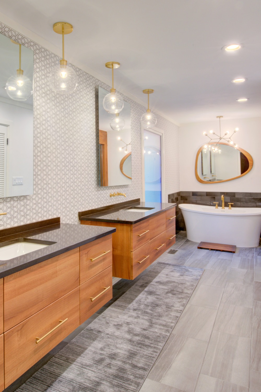 Floating Vanity Bathroom Sink Wall Room Wood Tile Shower Tub Walls Modern Floor Cabinets Cabinet Contemporary Gray Large