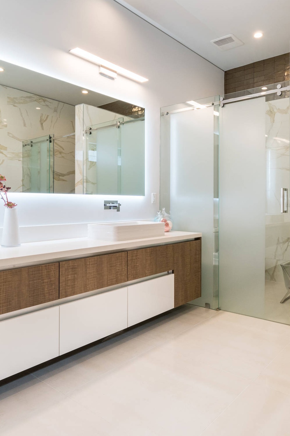 Floating Vanity Walk In Shower Bathroom Vessel Sink White Walls Tile Flooring