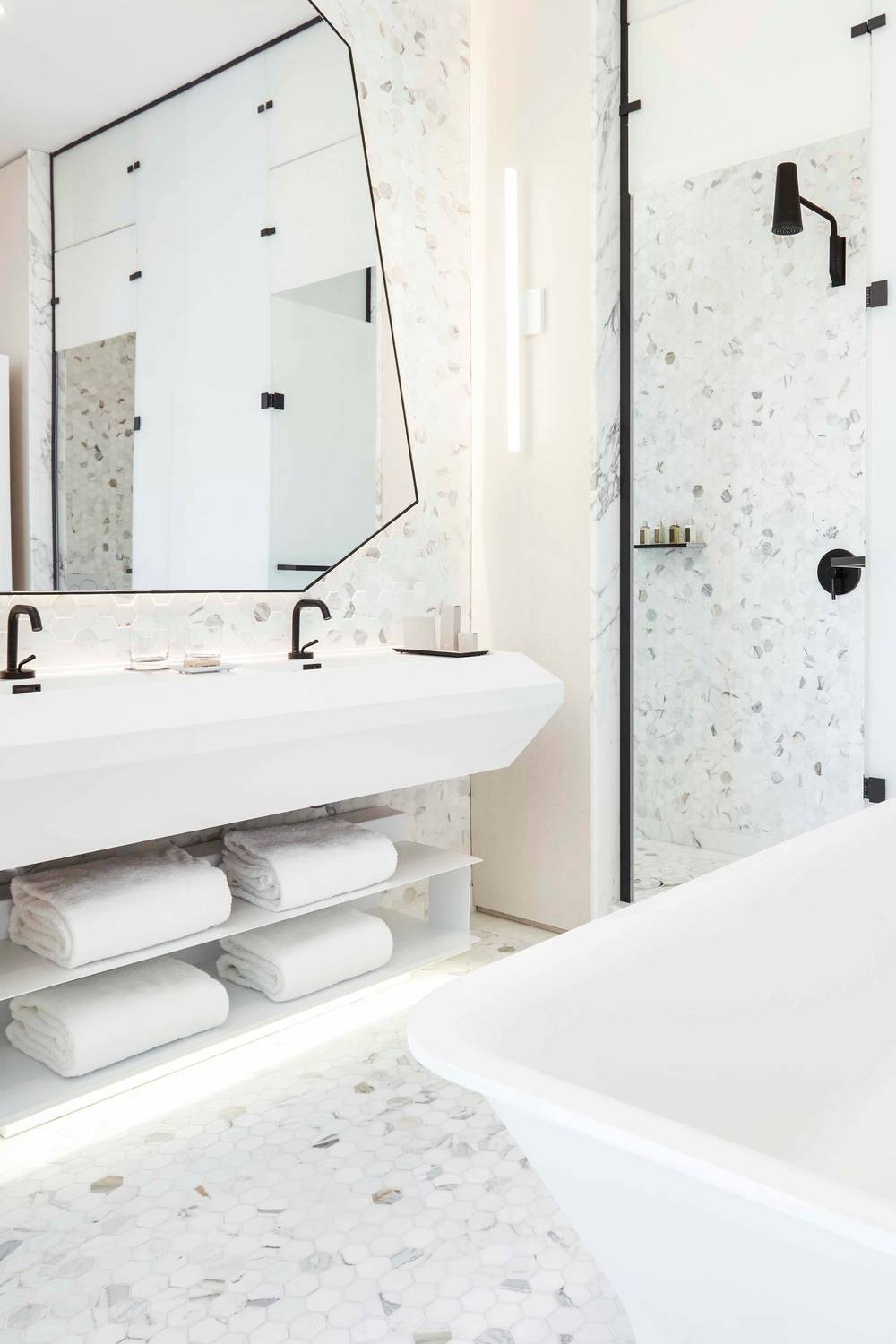 Floating Vanity Walk In Shower Bathroom Wall Space Modern Contemporary Freestanding White Room