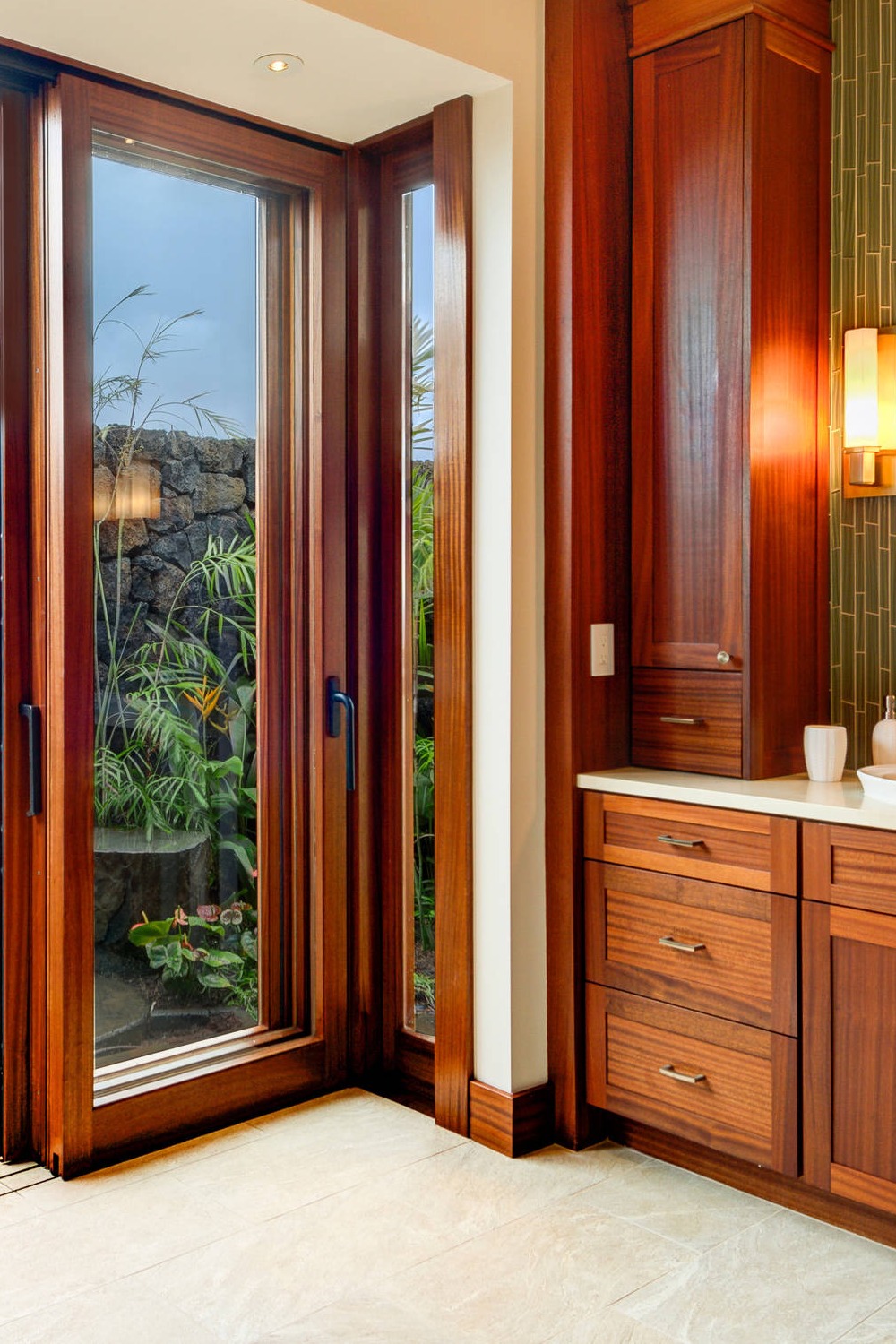 Greenery Bright Island Leaf Space Lights Window Cabinets Light Natural Tile Tropical Bathroom Style Vanity Shower Plants