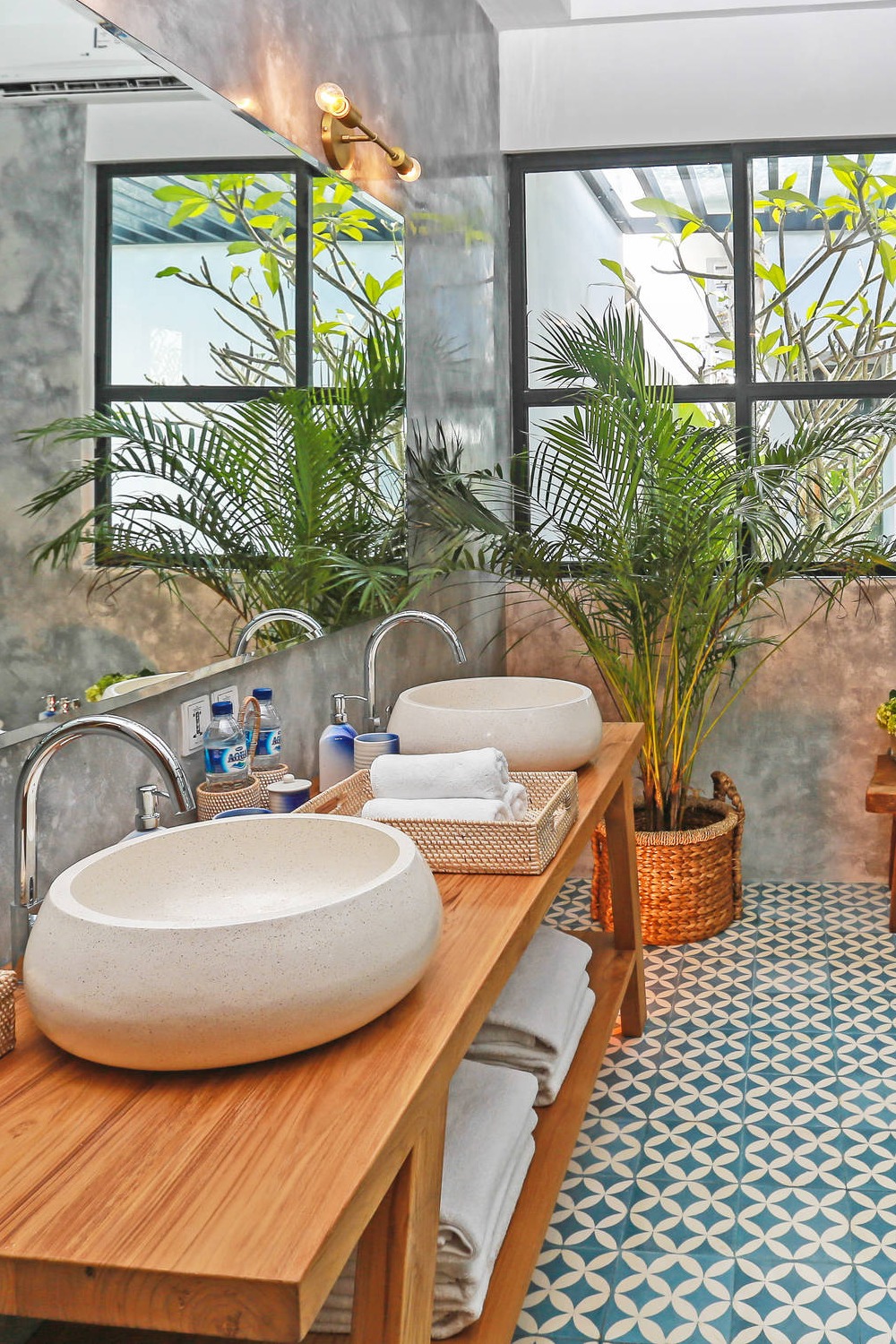 Tropical Bathroom Tropical Vanity Toilet Walls Plants Tiles Wallpaper Pink Tub Wall Bath Stone Wood Green Sink