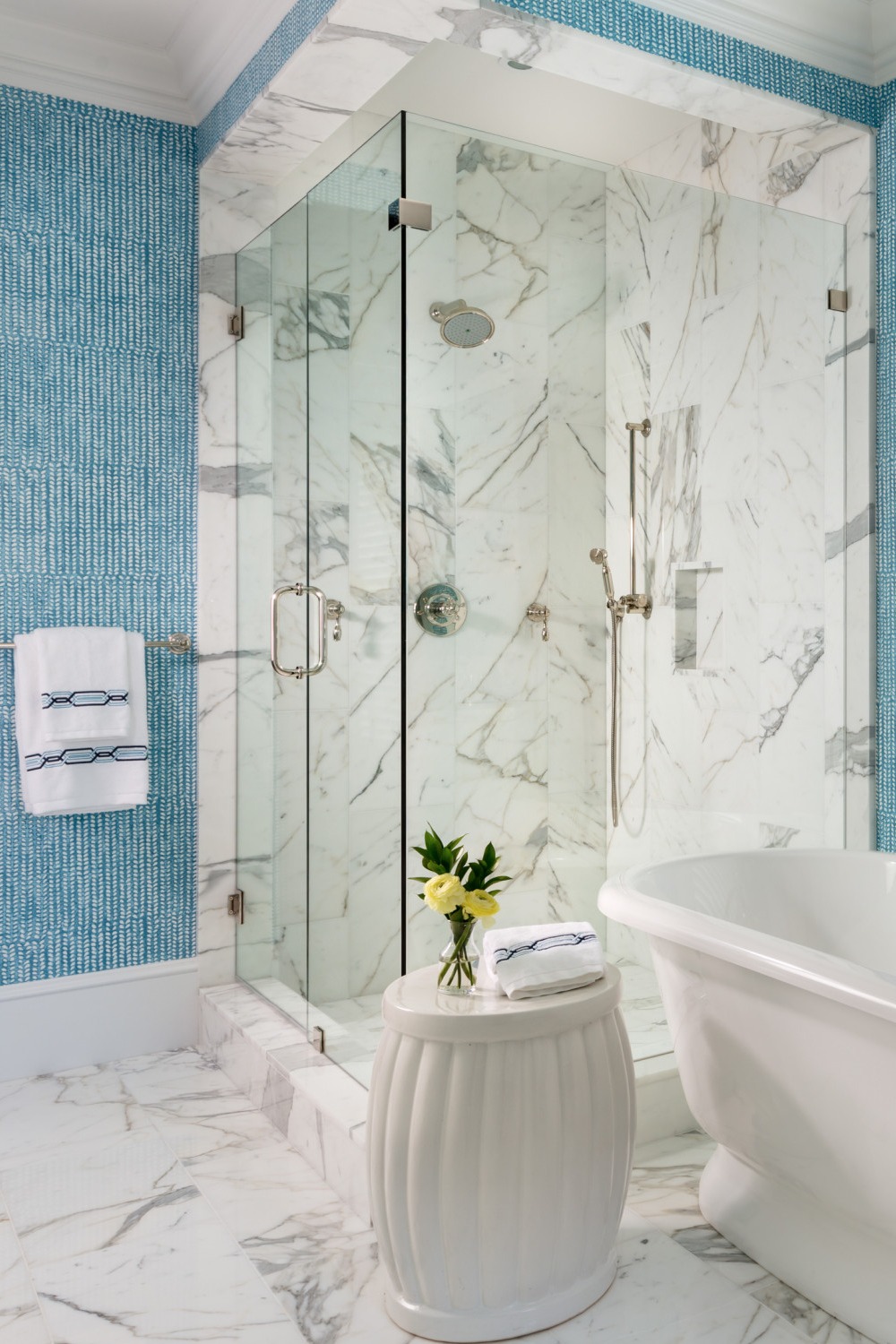 Tropical Bathroom Vanity Shower Toilet Walls Plants Tiles Wallpaper Pink Tub Glass Wall Bath Stone Wood Green Sink