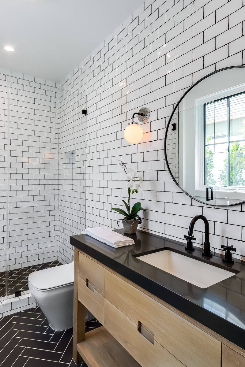 Bathroom Backsplash Ideas Pattern Contemporary Floor Behind Gray Stone Ceiling Black Granite Countertop