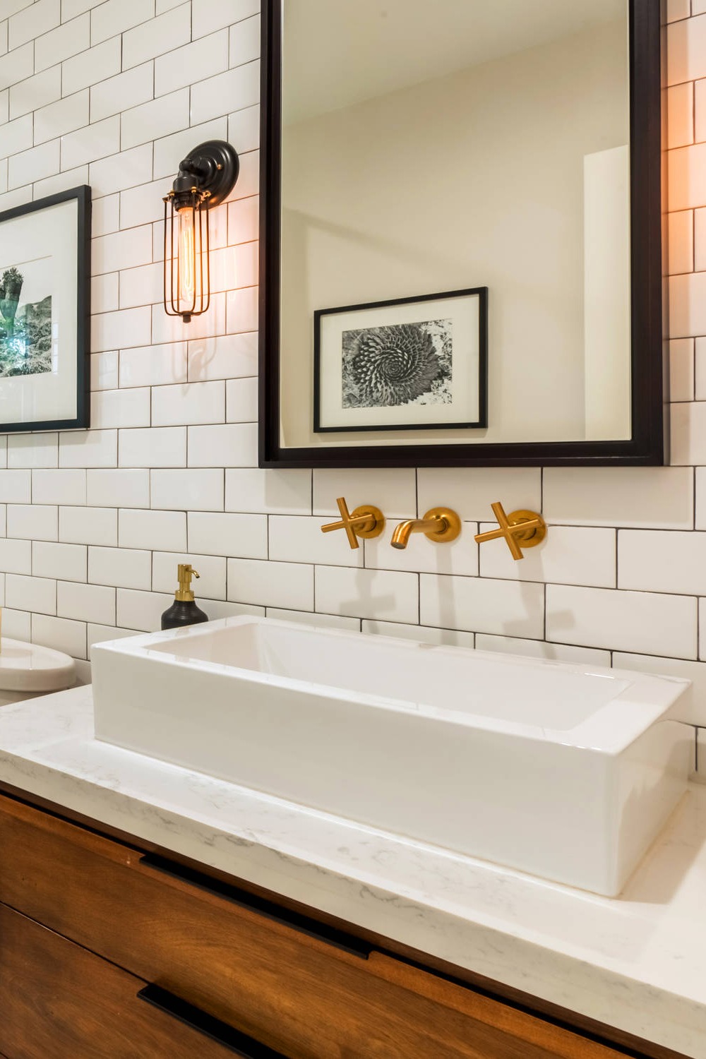 Bathroom Backsplash Ideas Subway Tile White Sink Mirror Stone Wood Style
