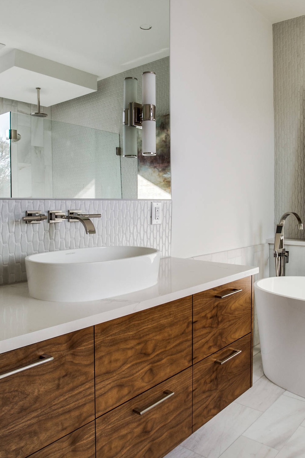 Sink Tiles Bathroom Backsplash Modern Marble Pattern Painted Shower Shades Grout Ceramic Ceiling Dark Cabinetry Vessel Sink
