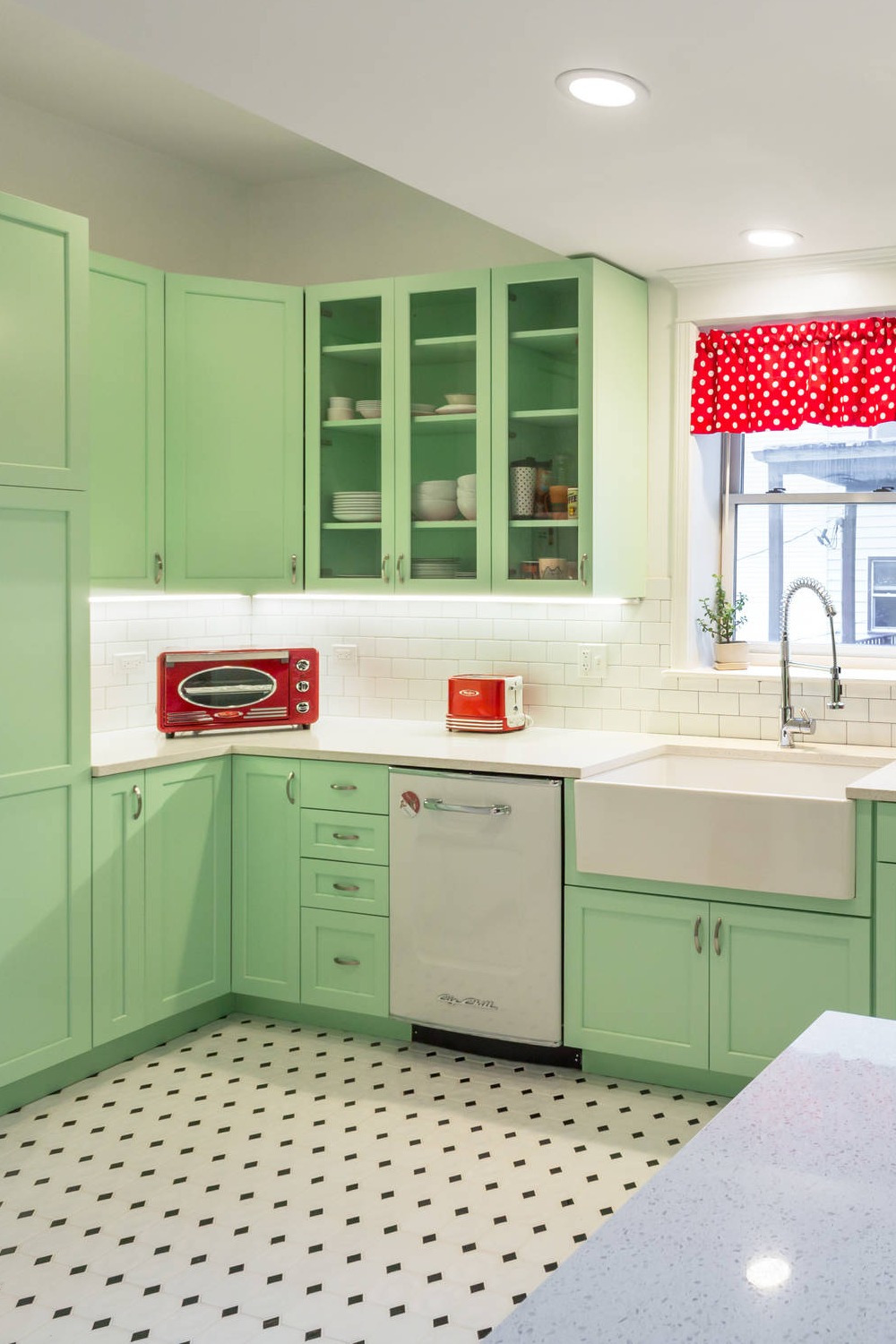 Green Kitchen Cabinets Retro Kitchen Cabinetry Light Farmhouse Sink Quartz Countertop Subway Tiles