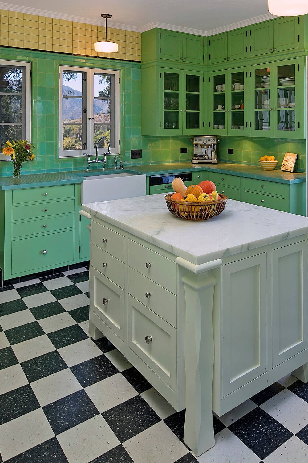 Green Kitchen Cabinets Walls Shades Space Bright Bold Green Countertop 1