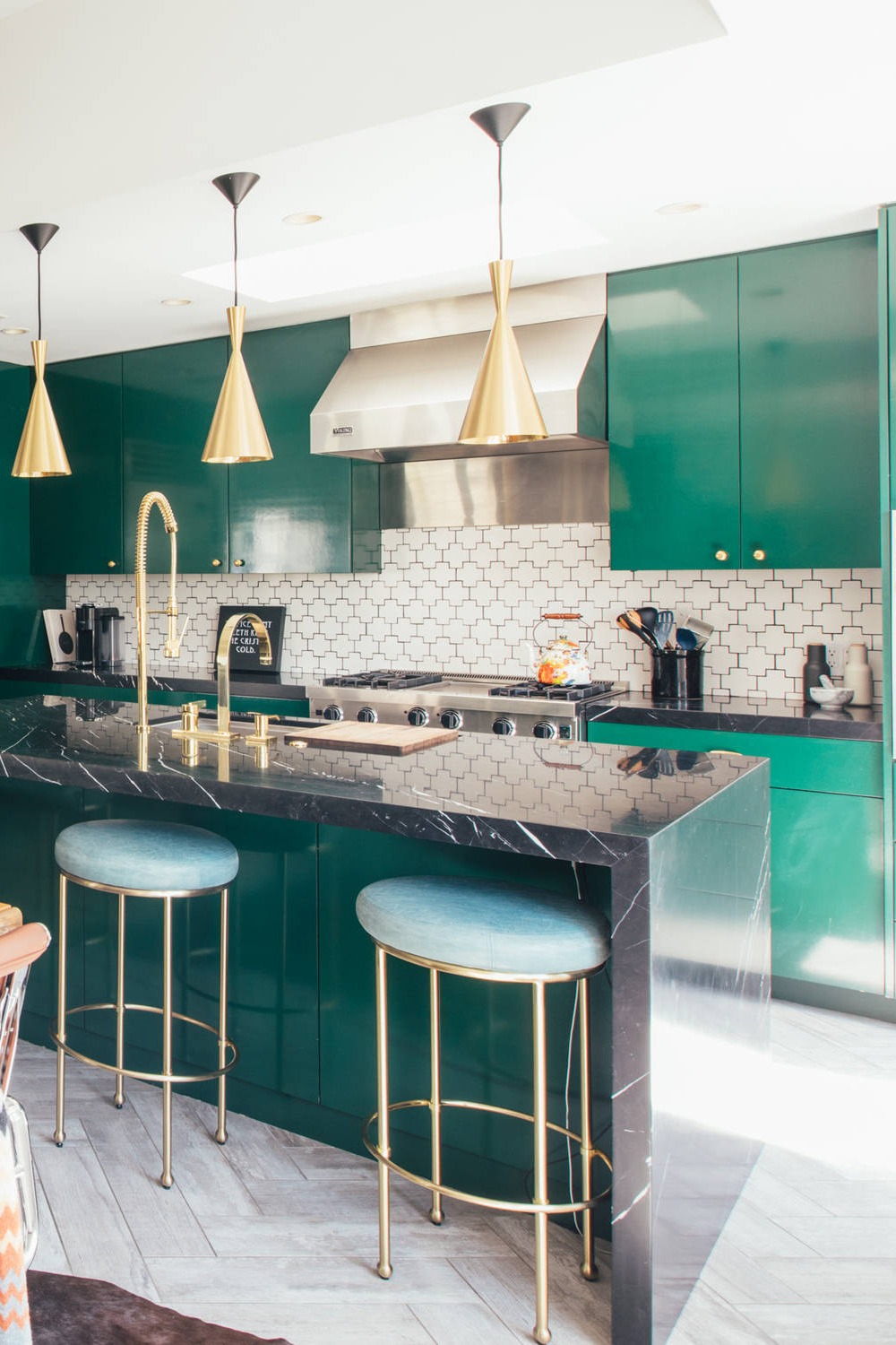 Green Kitchen Whit Tiles Pendant Lighting Gray Flooring Waterfall Island 1