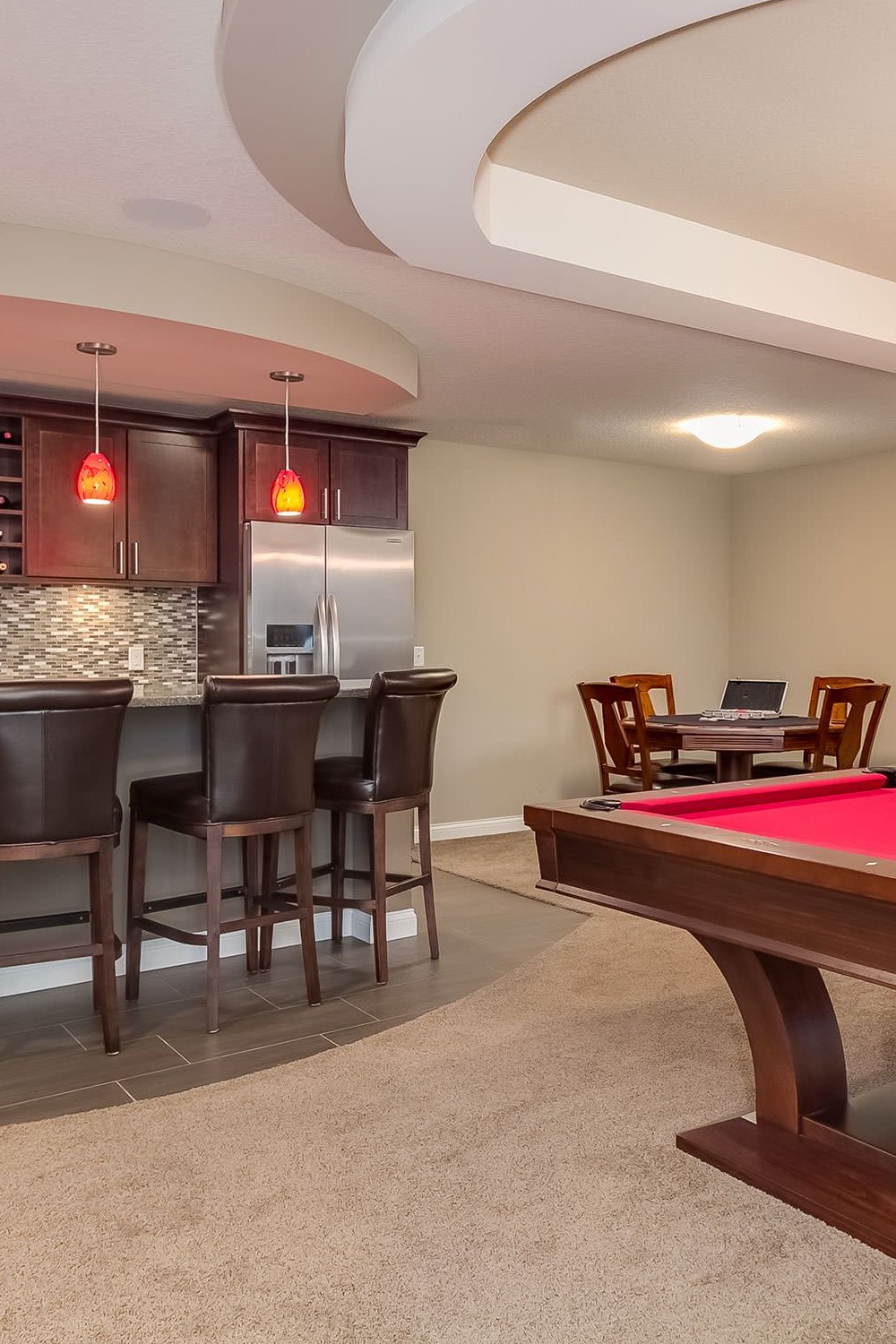 Red Pool Table Billiard Room Ideas Contemporary Room Ideas Generally Actual Works Seating Area Home Bar