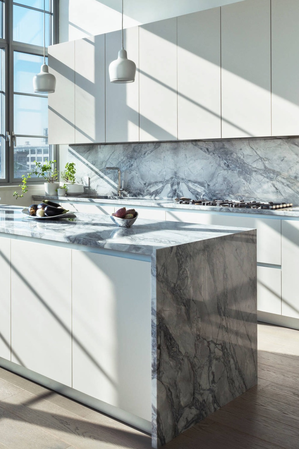 Super White Quartzite Kitchen Full Height Backsplash Stone Surfaces Gray Cabinetry 1
