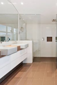 Apron Front Bathroom Sink Large Format Tiles Mirror Shower Doors