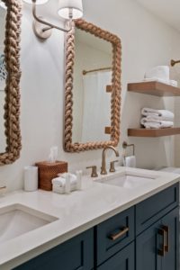 Coastal Beach Bathroom Ideas Mirror Blue Shaker Cabinets Floating Shelves