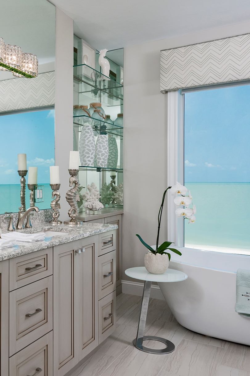 Powder Room Coastal Bathroom Design Beach Style Tub Surround Sink Space Wall Bath Light Shower Slide View Open Shelving Color Scheme Obvious Choice Different Shades