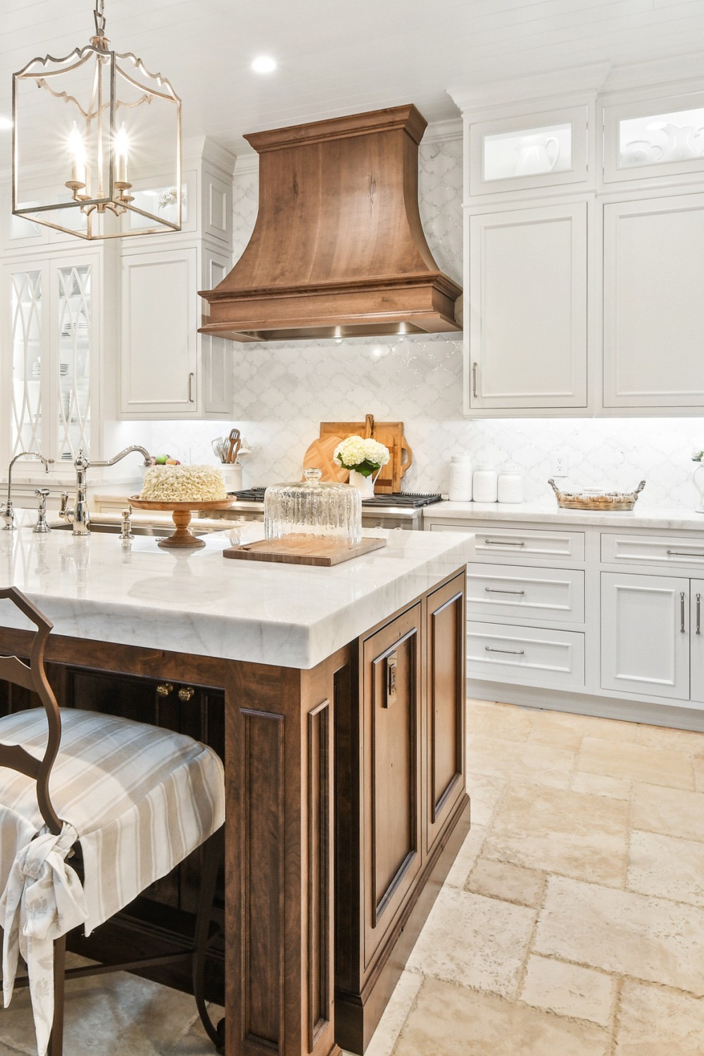 White Kitchen Cabinets White Cabinets Arabesque Tile Backsplash Travertine Floor