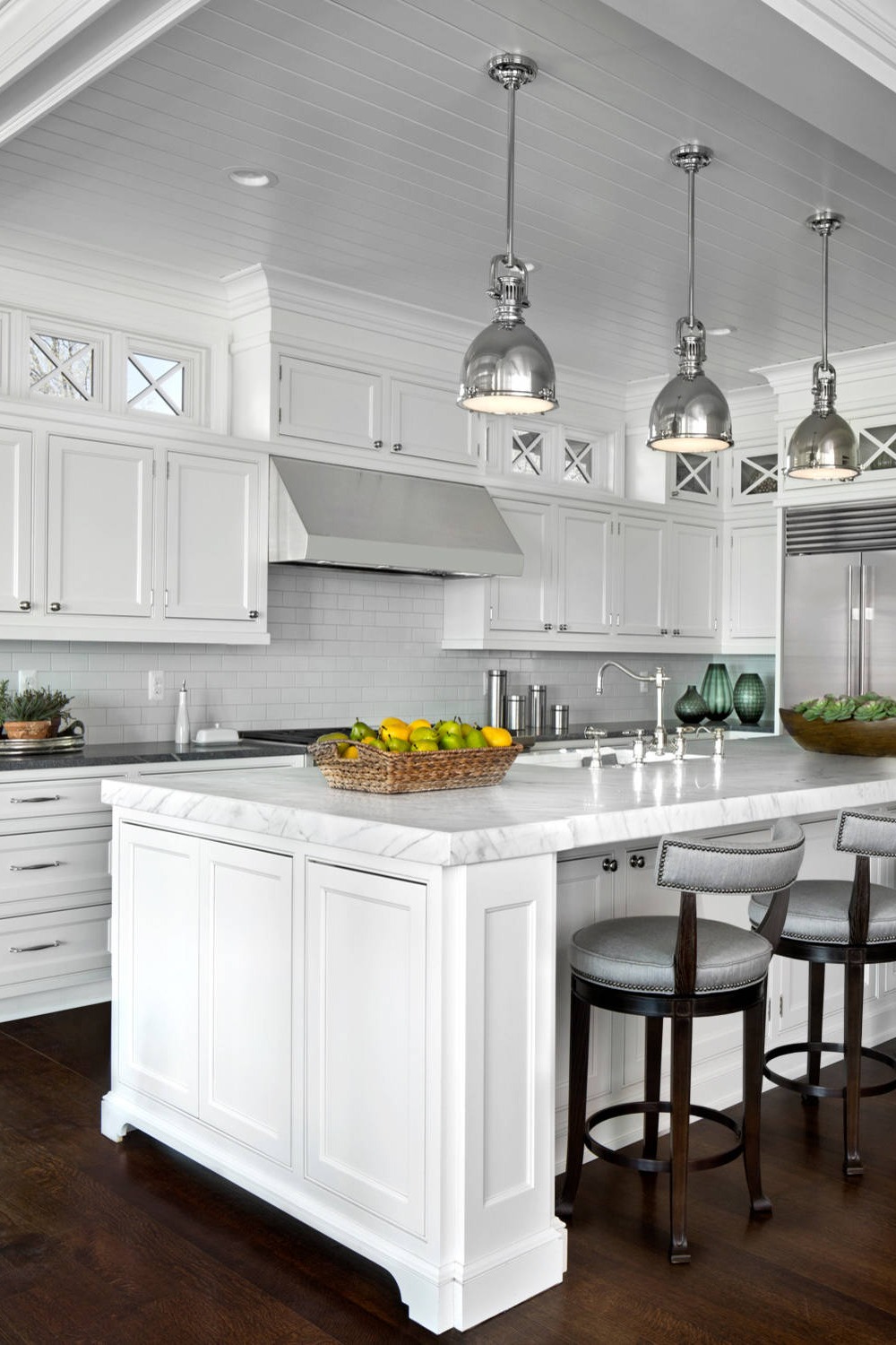 White Kitchen Light Fixture Design Ideas Cottage Charm Black Countertops White Backsplash White Kitchens