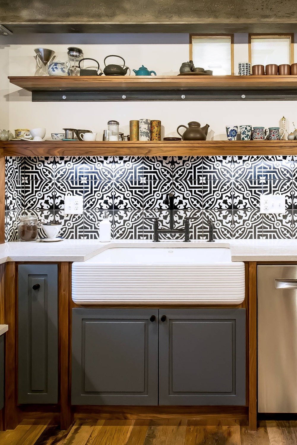 Bold Eclectic Kitchen Color Or Geometric Shape Painted Cabinets Farmhouse Sink Small Kitchen