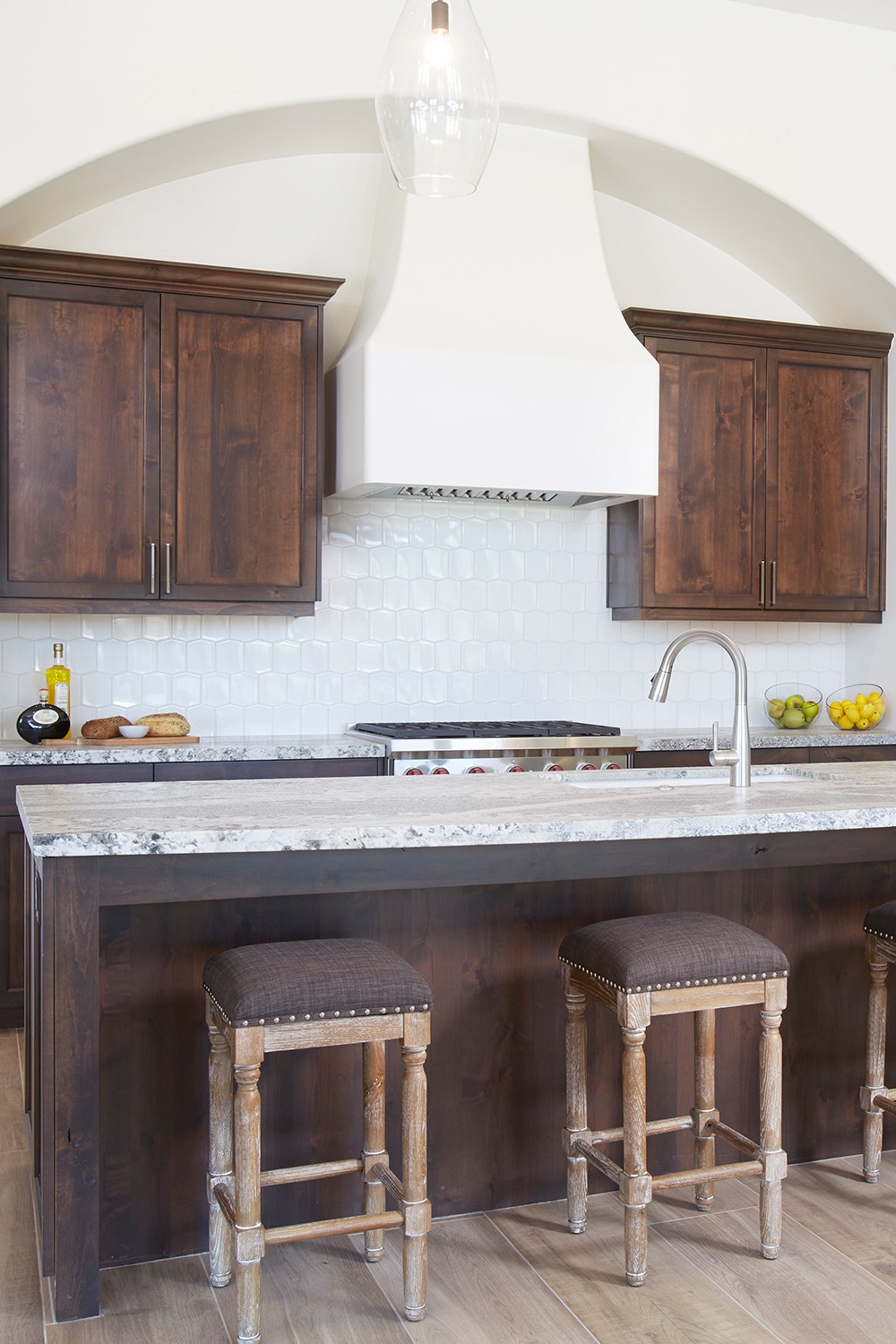 Brown Cabinetry Dark Wood Kitchen Cabinets Granite Countertops Natural Light Dark Shades