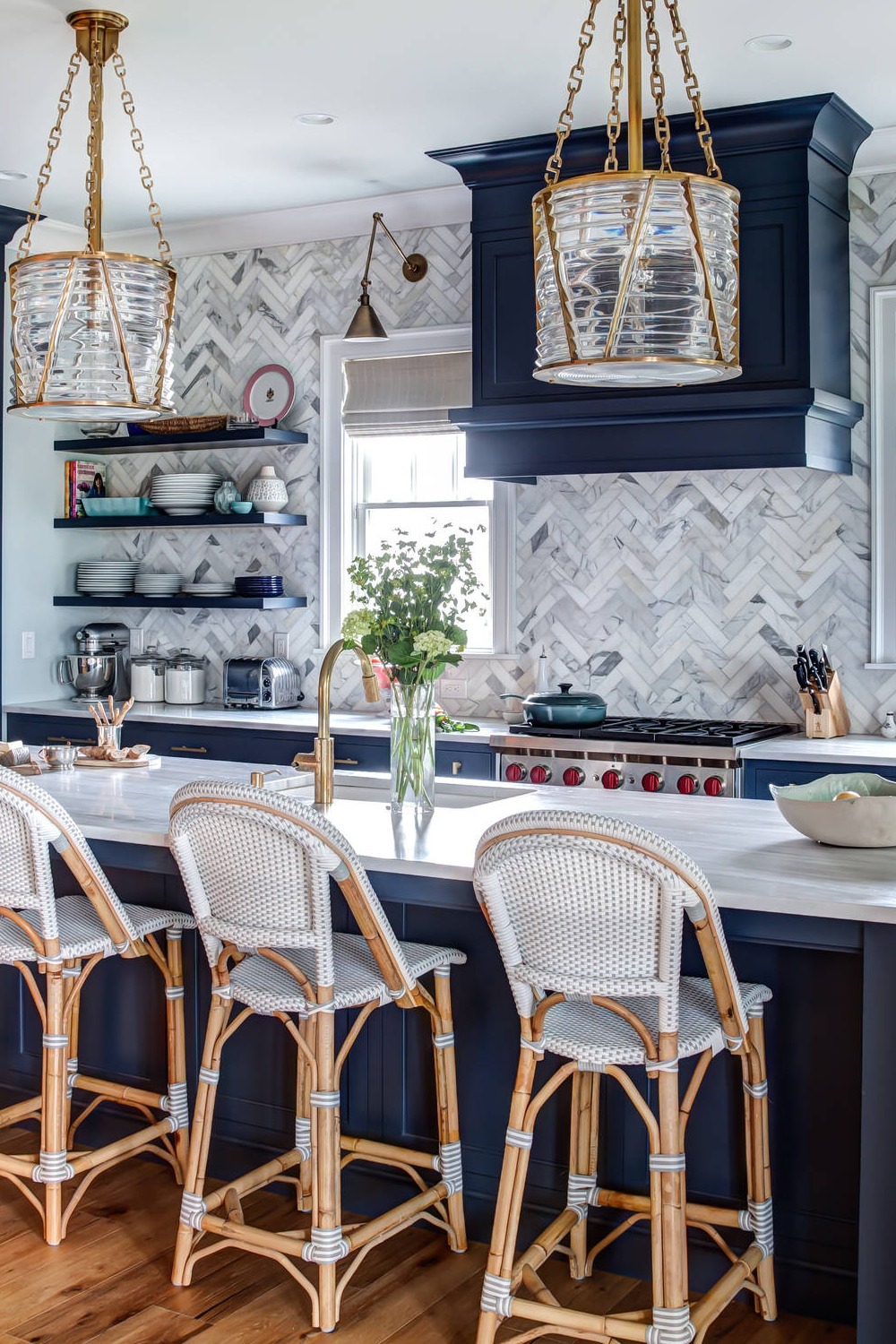 Herringbone Tile Pattern Blue Cabinets Marble Countertops Gray Textures