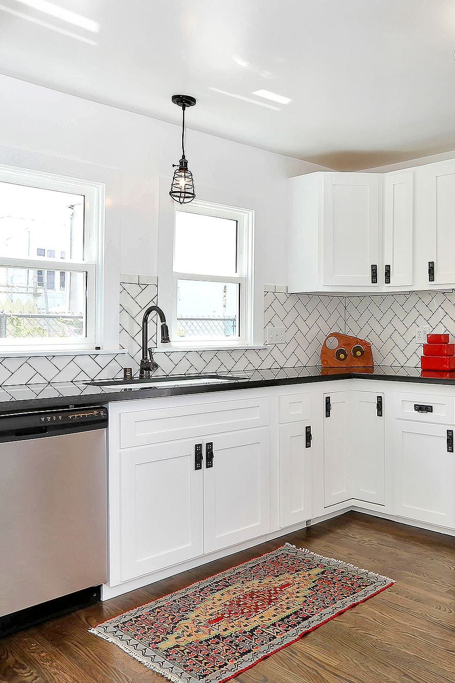 Herringbone Tiles Modern Glass Create Wall Wood Ceramic Dark Floor Style Pattern White Kitchen