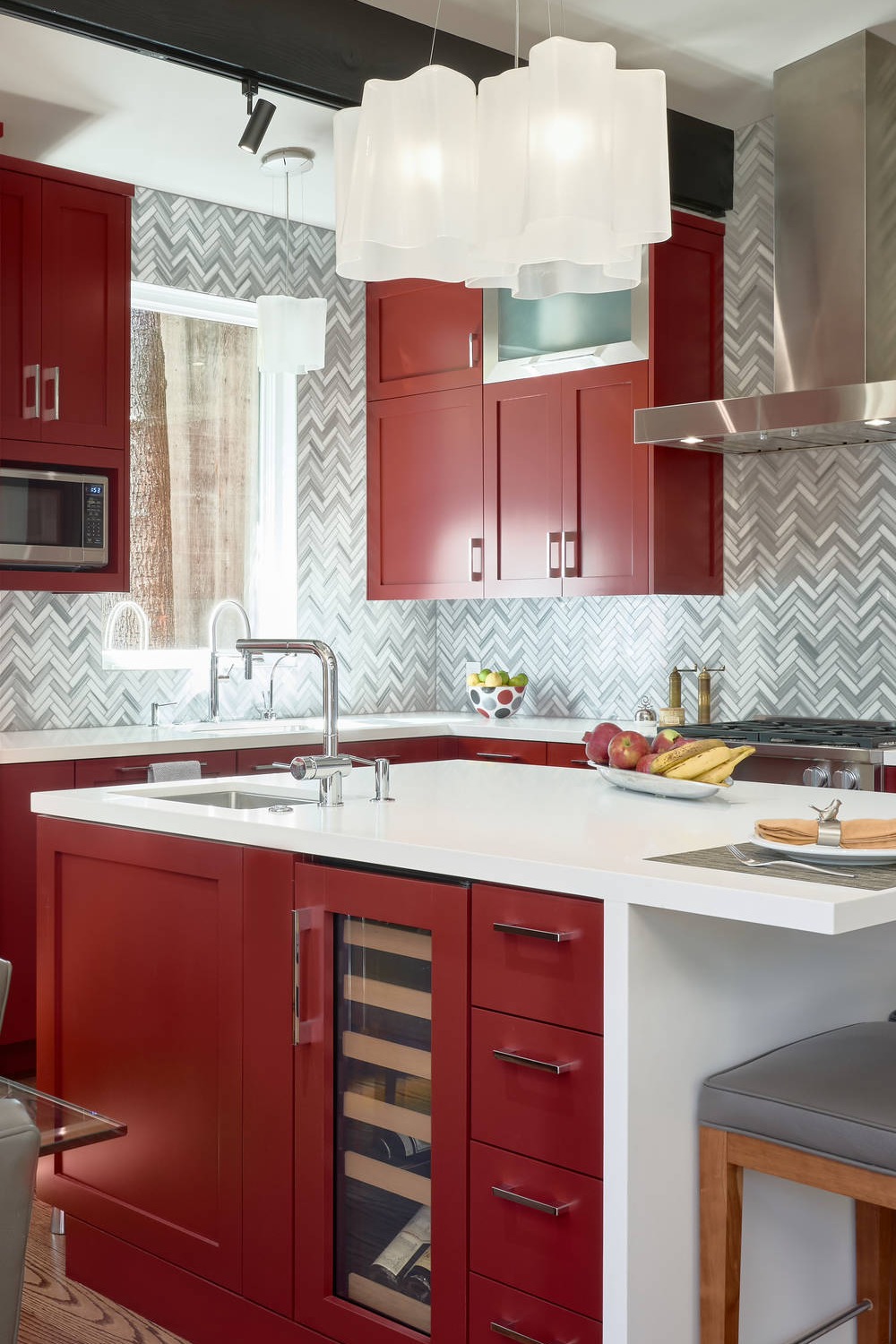 Herringbone Tiles Red Cabinet Pattern Ceramic Wood Floor Create White Quartz Counter