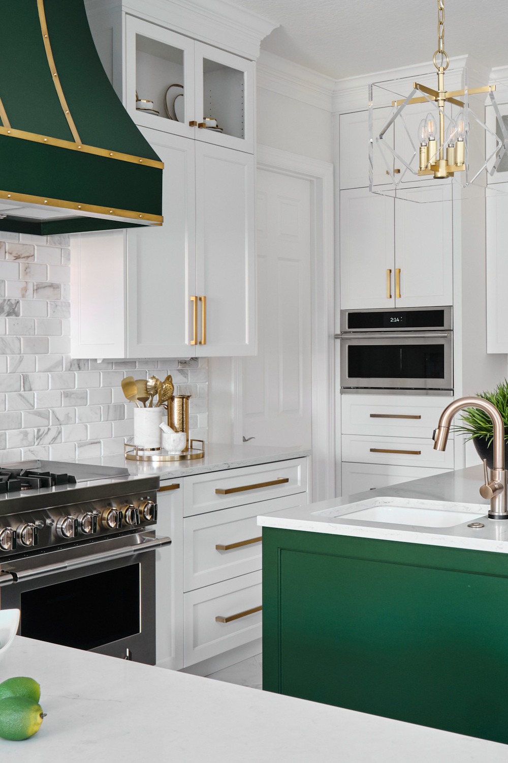 Two Tone Kitchen Cabinets Green Cabinets Undermount Sink Quartz Countertops Shaker Cabinets