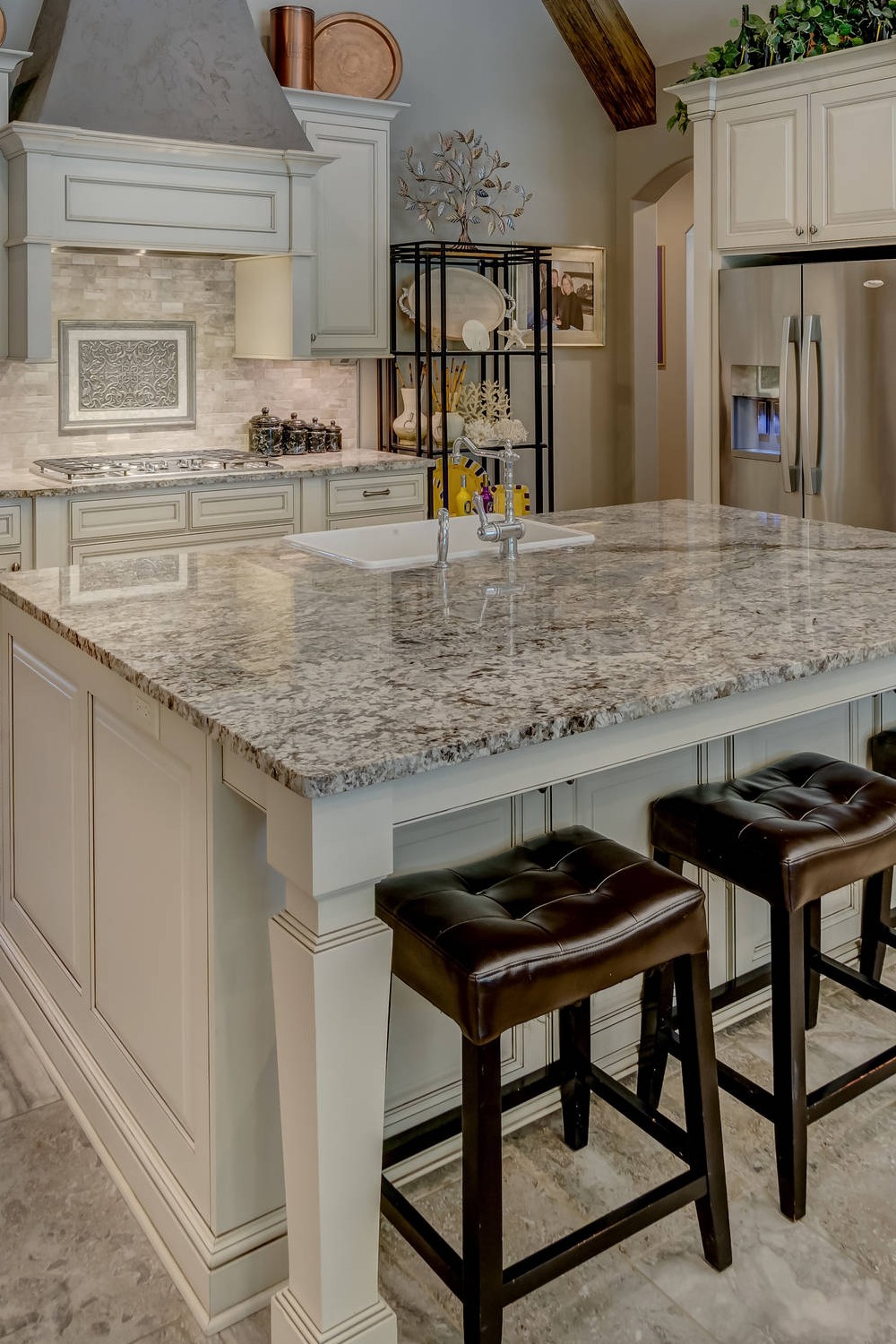 White Cabinets Stainless Steel Appliances Modern Backsplash Granite Countertops Travertine Flooring