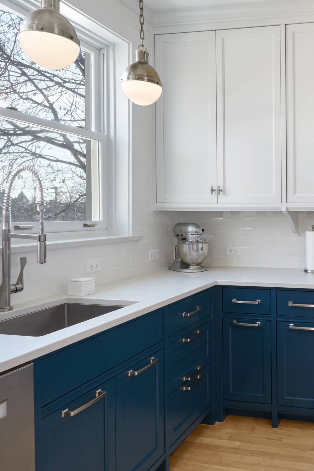 Blue And White Cabinets Stainless Steel Appliances White Upper Cabinets Two Tone Kitchen Features Backsplash Navy Blue Kitchen