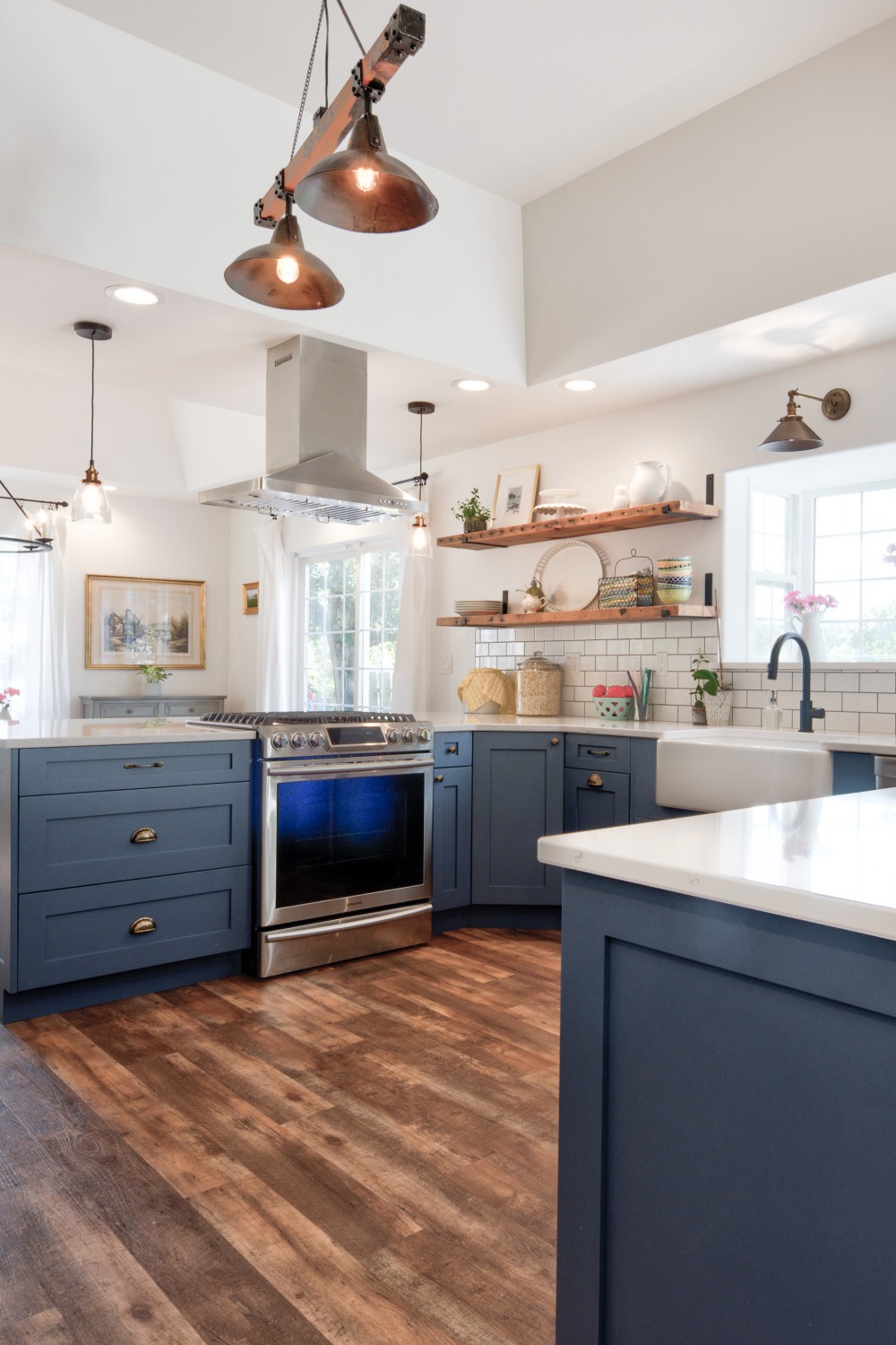 Navy Blue Cabinets Two Toned Kitchen Simple White Subway Tile Wooden Shelves Natural Wood
