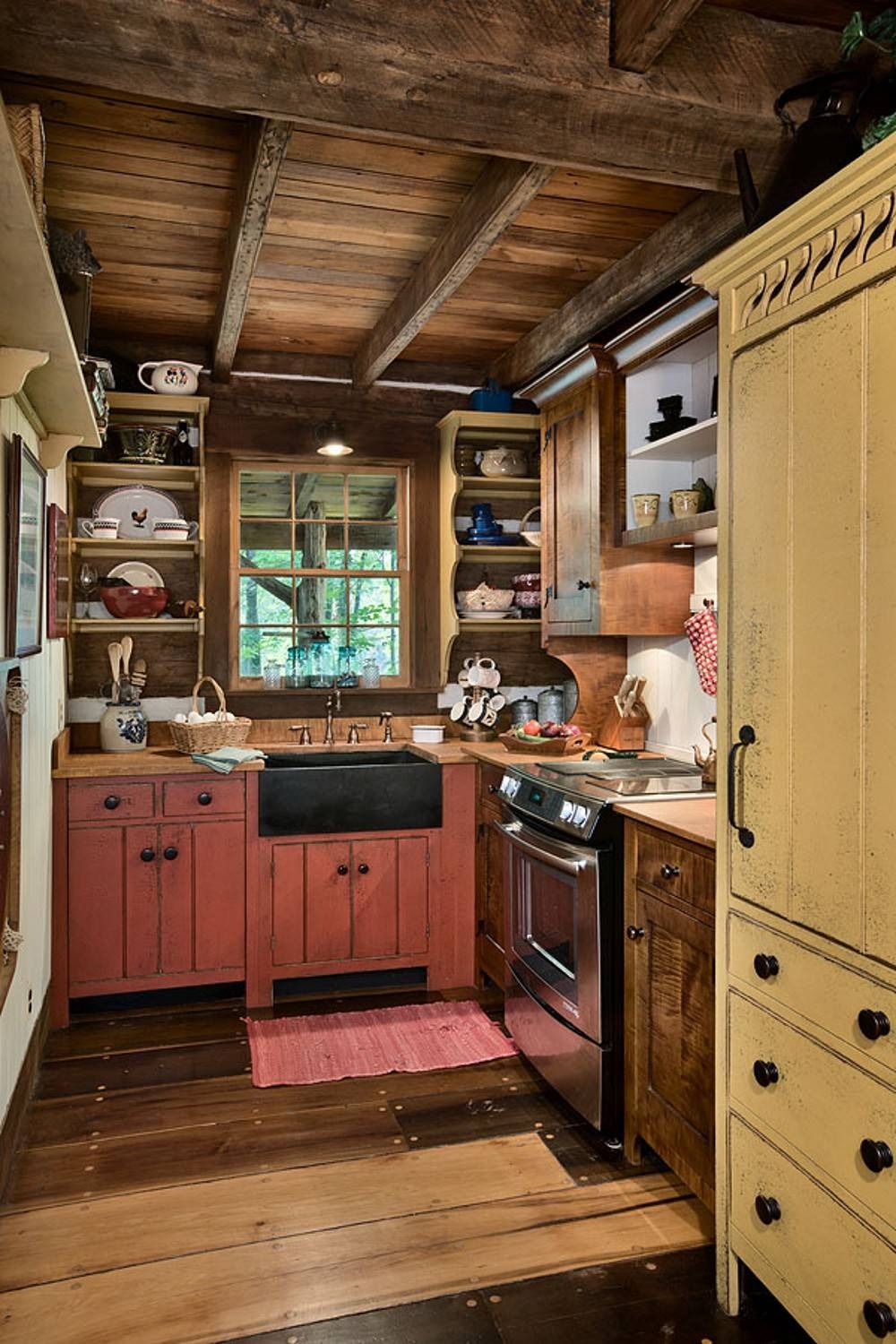 Small Kitchen Mountain Style Kitchen Small Spaces Red Cabinets Farmhouse Sink