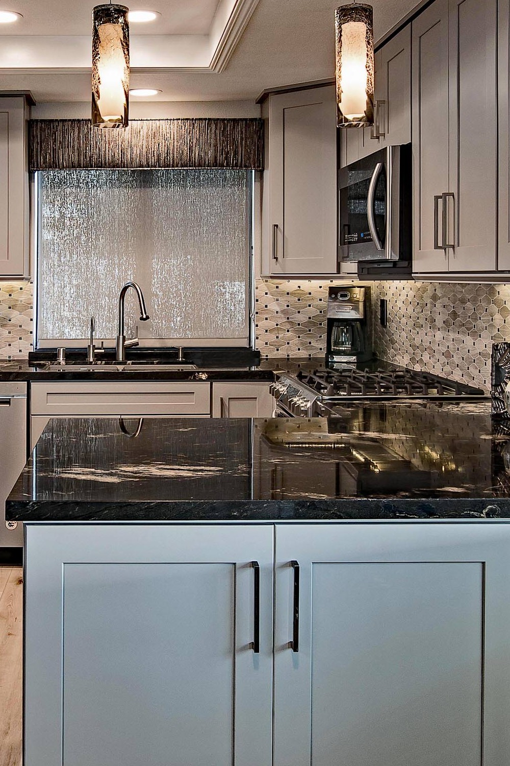 Studio Apartment Galley Style Kitchens Accent Wall Gray Cabinets