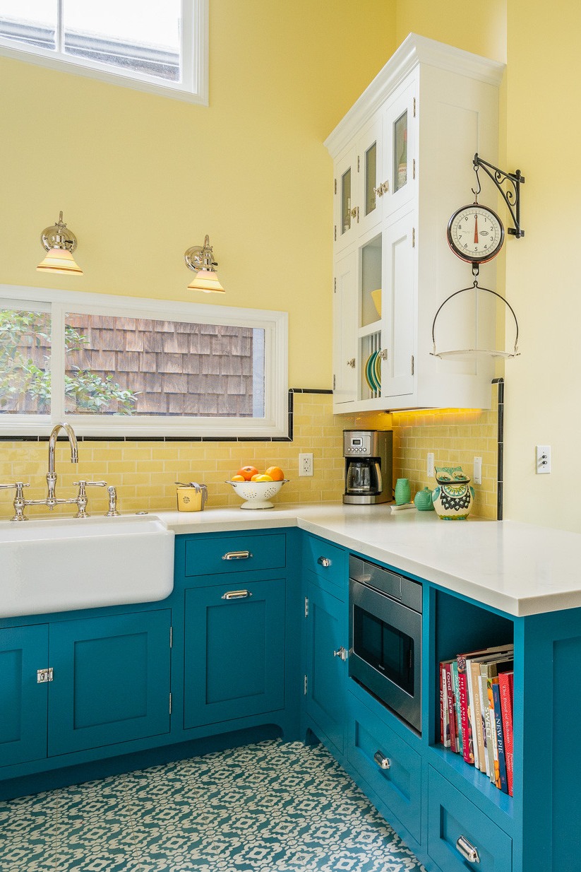 White Upper Cabinets Blue Lower CabinetsFarmhouse Sink White Countertops Traditional Kitchen Benjamin Moore