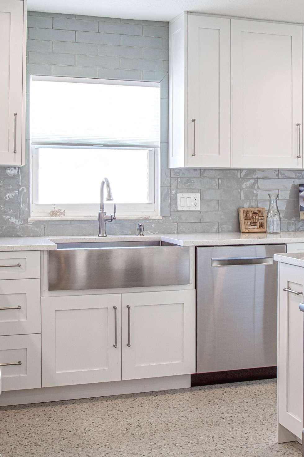 Beach Style Kitchen White Cabinets Gray Subway Tile Backsplash Stainless Steel Farm Sink Multicolor Floor