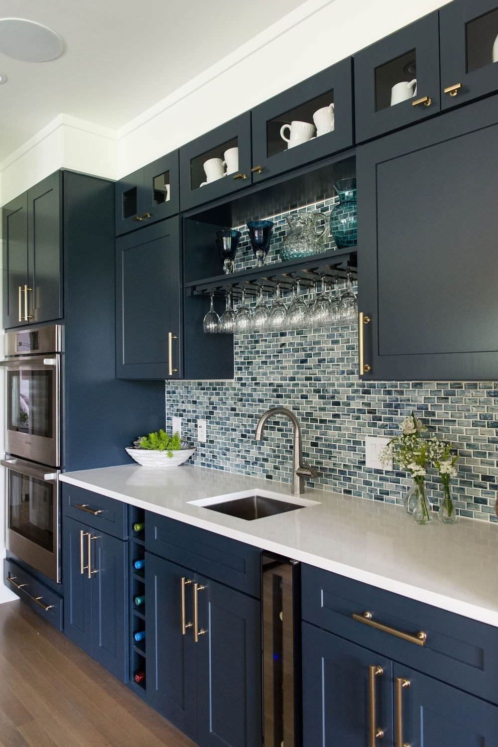 Dark Wood Cabinets Dark Kitchen Cabinets Blue Cabinets Color Scheme White Countertop Modern Kitchen