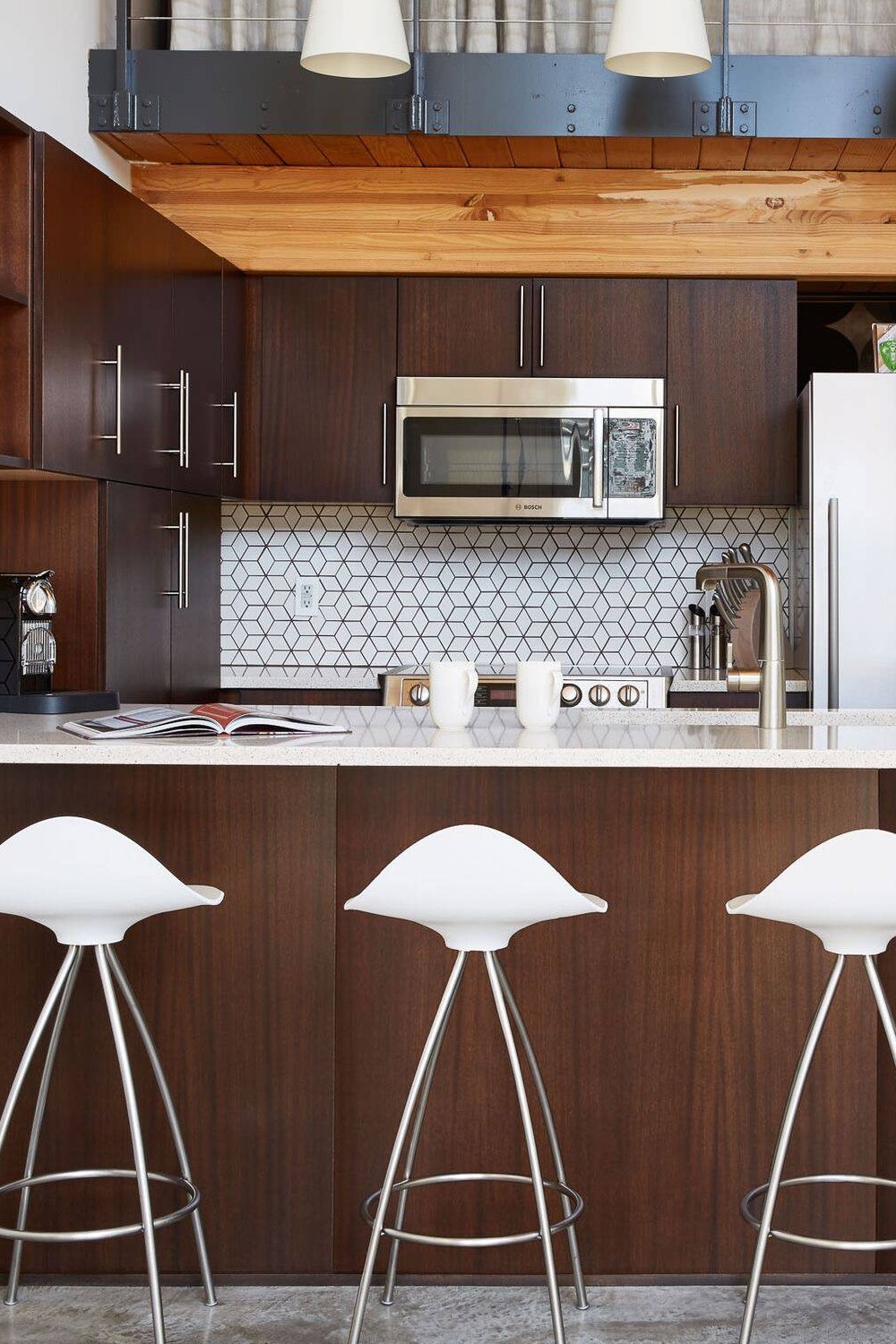 Dark Wood Cabinets White Backsplash Quartz Countertops Ceramic Tile Kitchen Backsplash Light Gray Bold Move