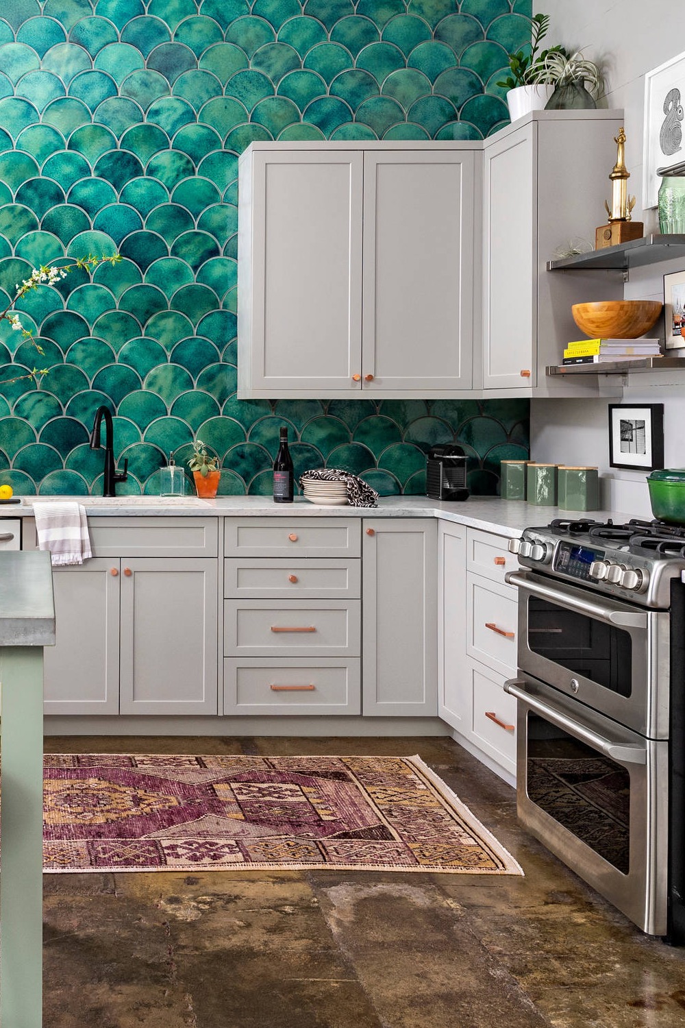 Eclectic Kitchen Traditional Kitchen Rustic Feel Beachy Vibe Backsplash Options Green Porcelain Tile Brown Floor Shaker Stainless Steel Appliances