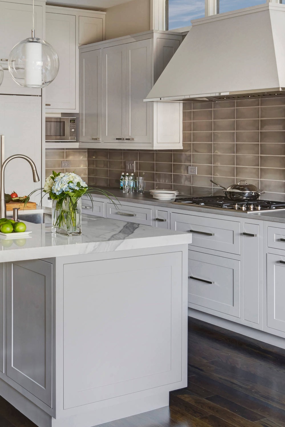 Kitchen Backsplash Tile Backsplash White Cabinets Pendant Lights Dark Floors Kitchen Design Quartz Counters