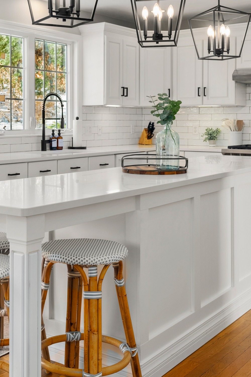 Subway Tile Backsplash White Shaker Cabinets Best Backsplash White Kitchen Right Backsplash Quartz Tops Black Hardware Hardwood Flooring