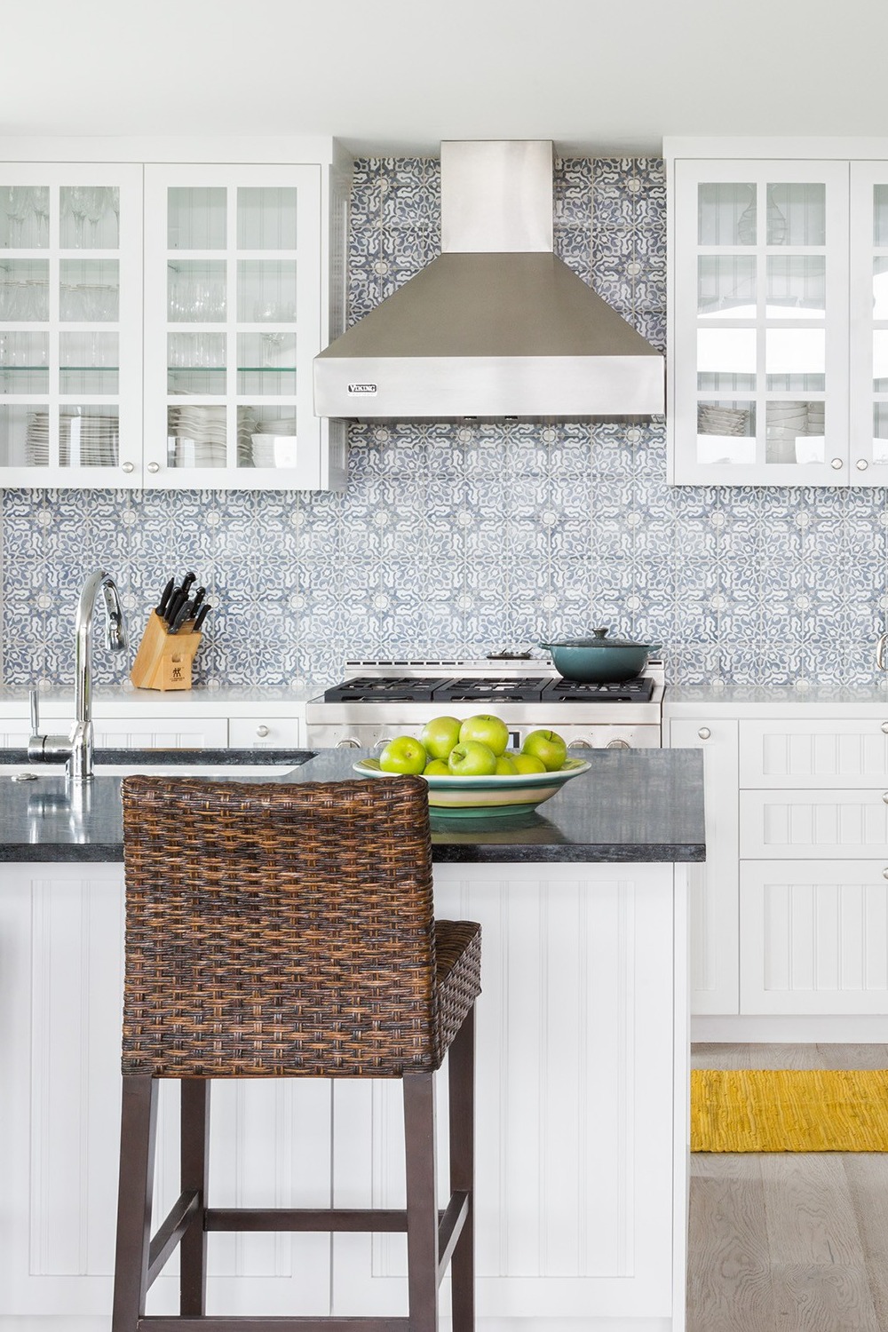 White Subway Tile Marble Countertop Flat Panel Cabinets White Kitchen Shaker Cabinetry Light Blue